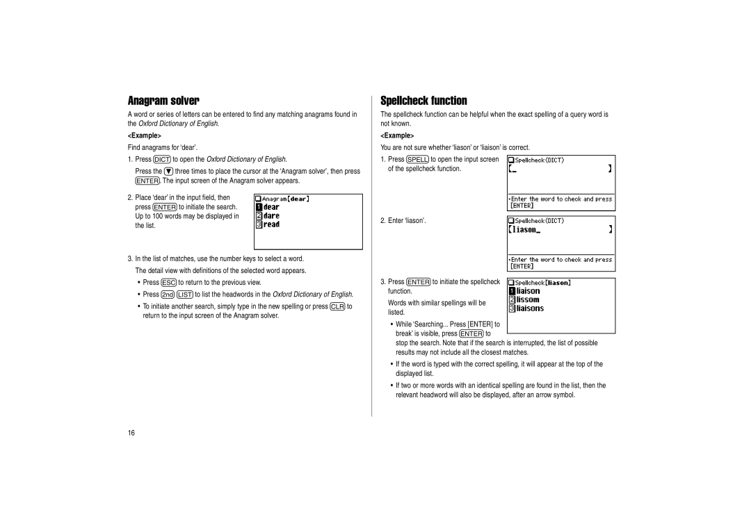 Sharp PW-E500 operation manual Anagram solver, Spellcheck function 