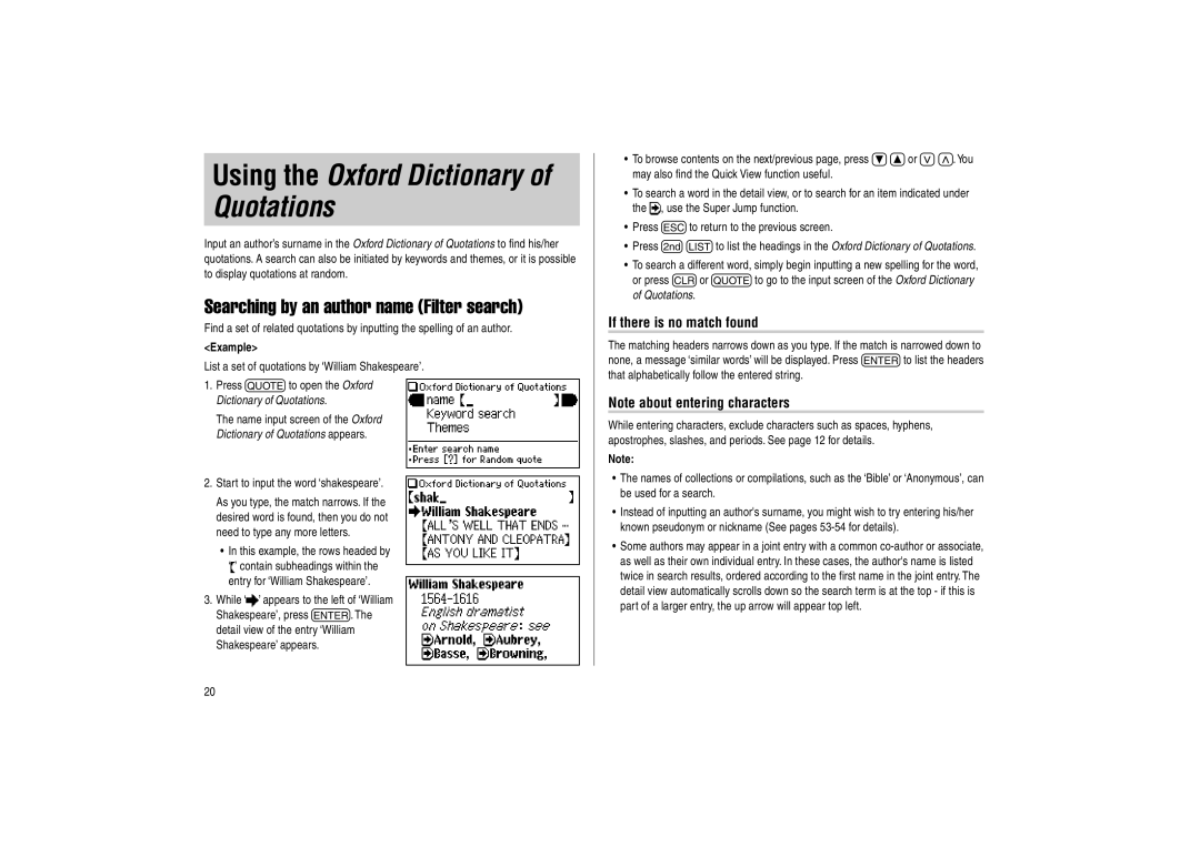 Sharp PW-E500 operation manual Using the Oxford Dictionary of Quotations, Searching by an author name Filter search 