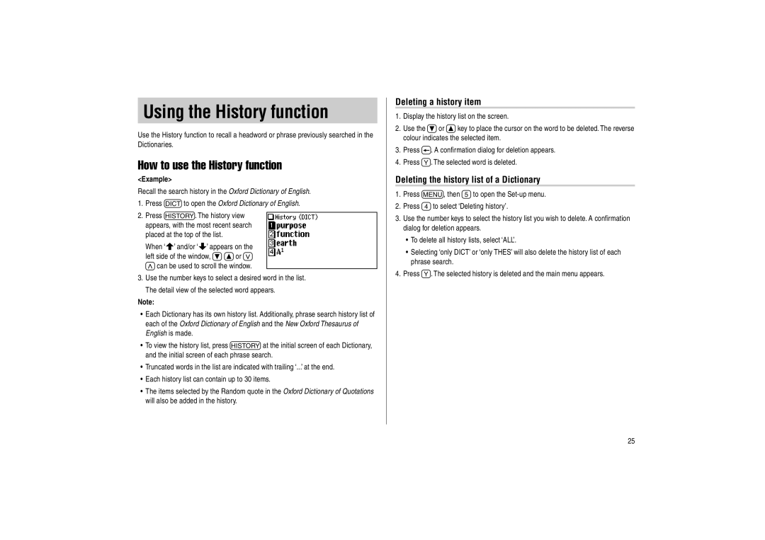 Sharp PW-E500 How to use the History function, Deleting a history item, Deleting the history list of a Dictionary 