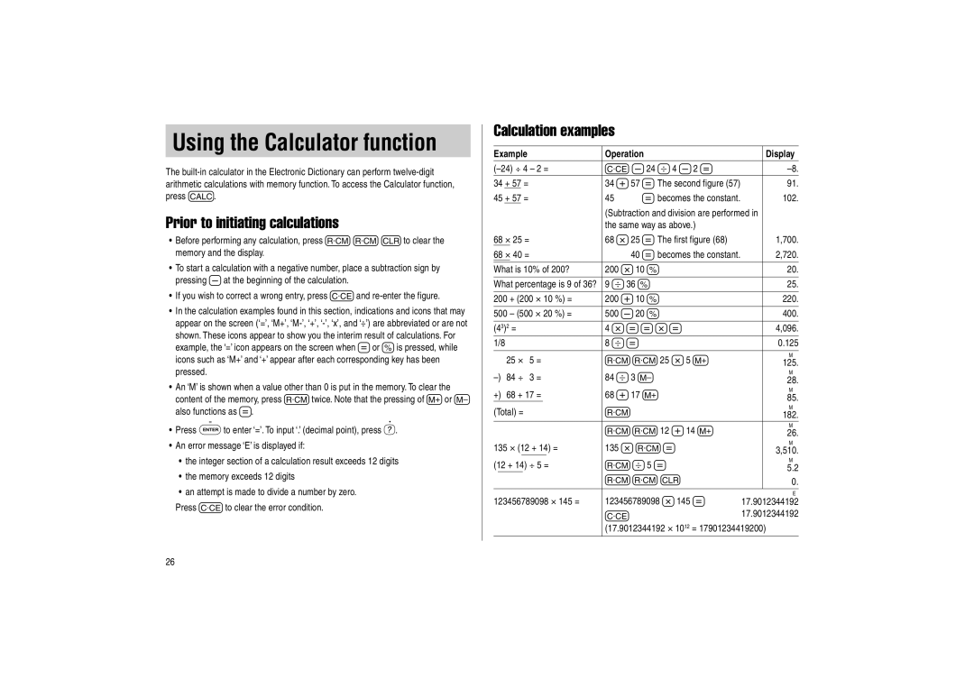 Sharp PW-E500 operation manual Prior to initiating calculations, Calculation examples, Example Operation Display 