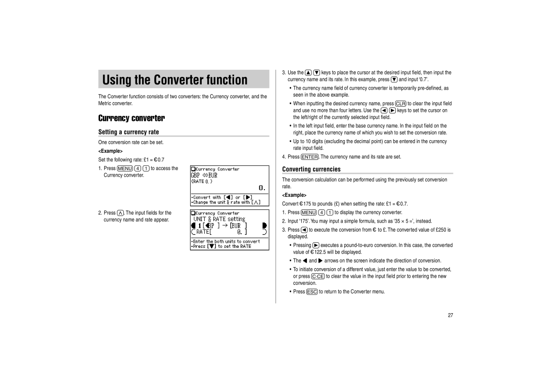 Sharp PW-E500 operation manual Currency converter, Setting a currency rate, Converting currencies 