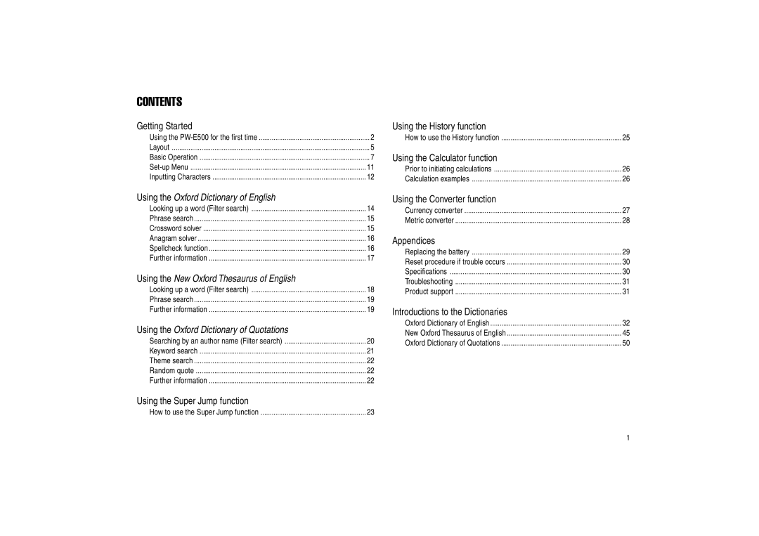 Sharp PW-E500 operation manual Contents 