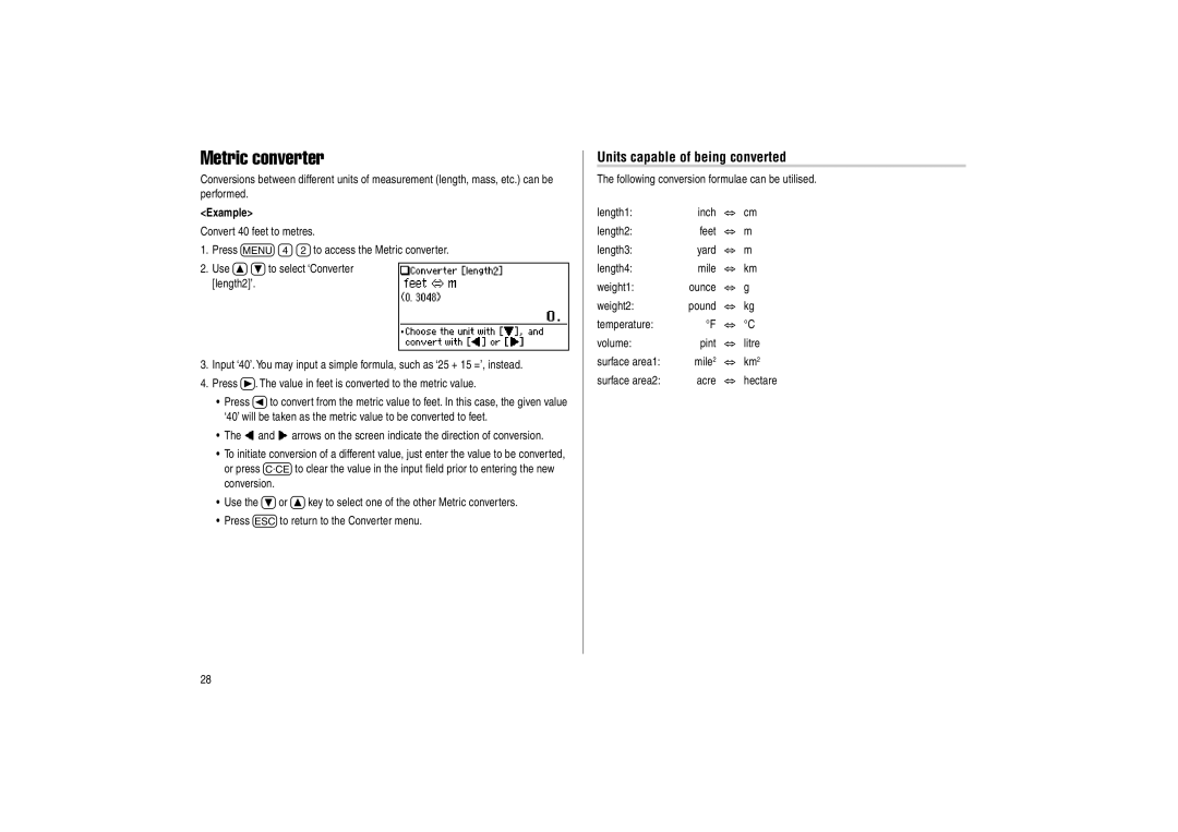 Sharp PW-E500 operation manual Metric converter, Units capable of being converted 