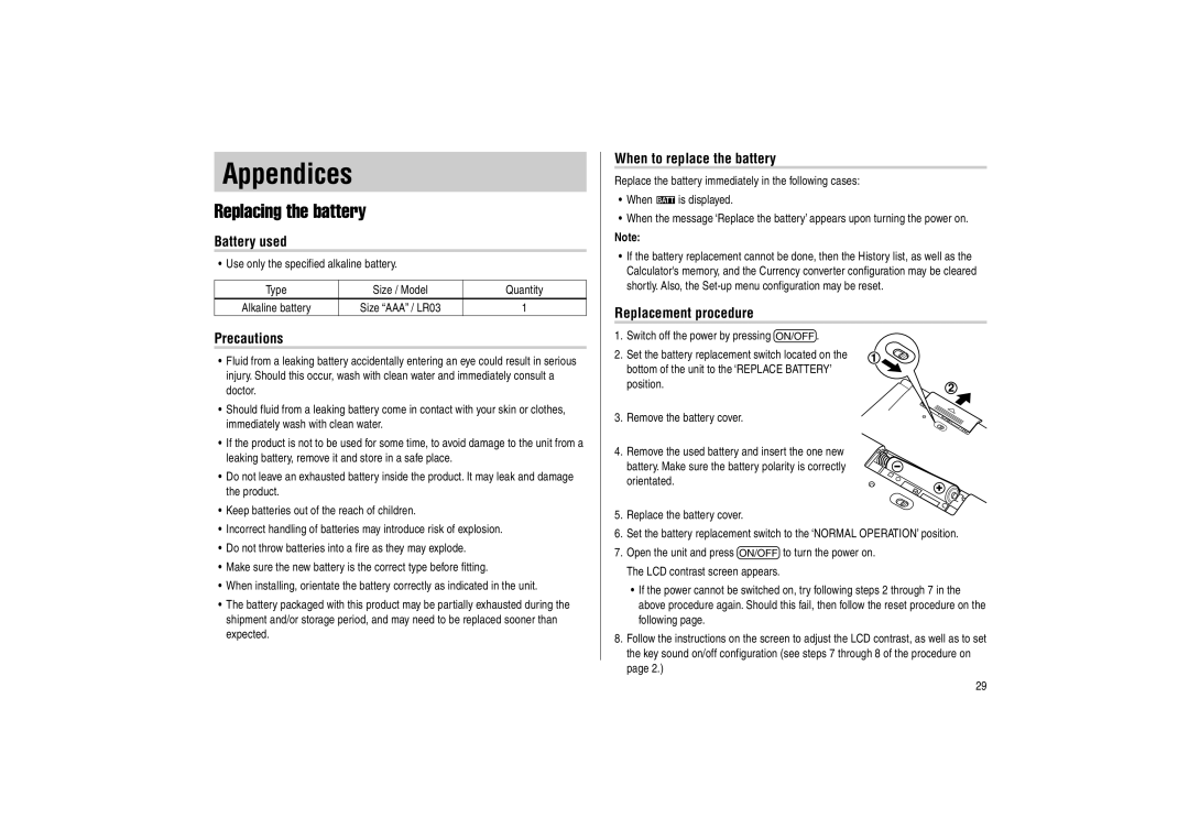 Sharp PW-E500 Replacing the battery, Battery used, Precautions, When to replace the battery, Replacement procedure 