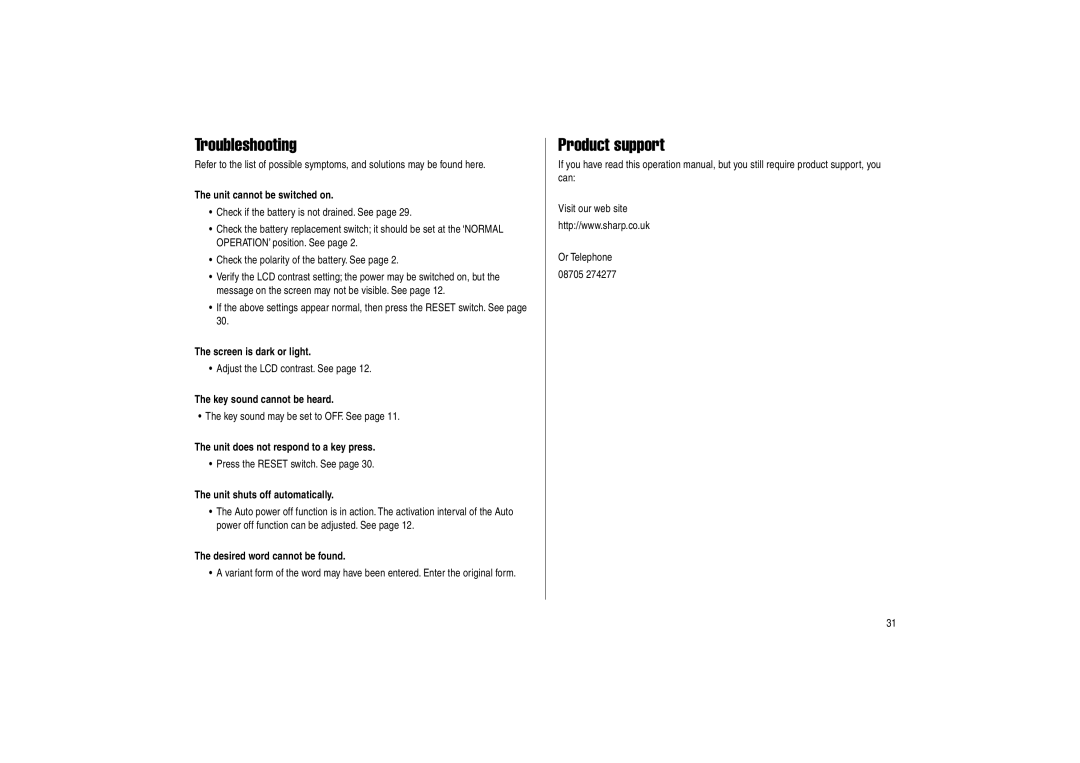 Sharp PW-E500 operation manual Troubleshooting, Product support 