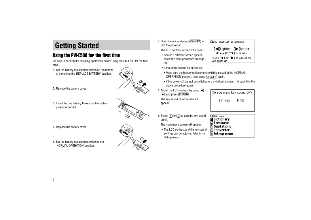 Sharp operation manual Getting Started, Using the PW-E500 for the first time 