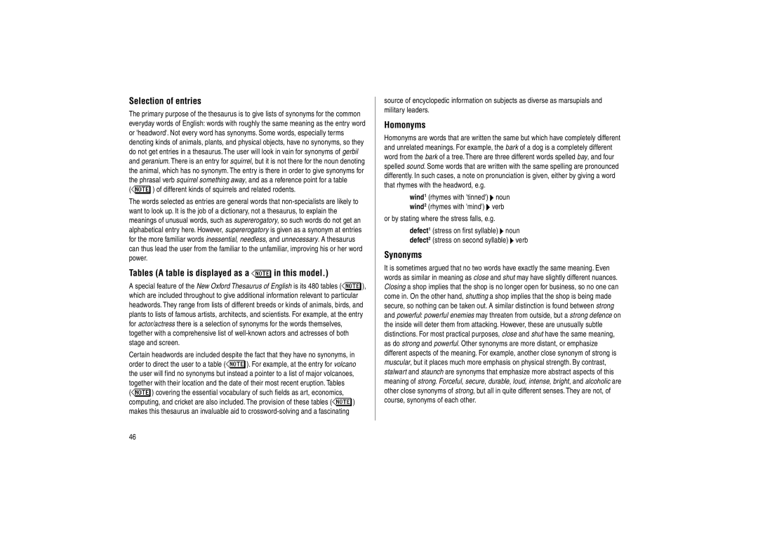 Sharp PW-E500 operation manual Selection of entries, Tables a table is displayed as a in this model, Homonyms, Synonyms 