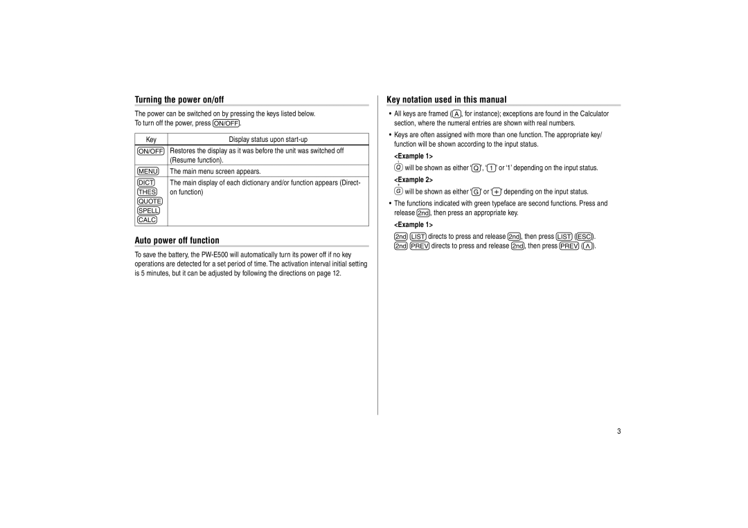 Sharp PW-E500 operation manual Turning the power on/off, Auto power off function, Key notation used in this manual, Example 