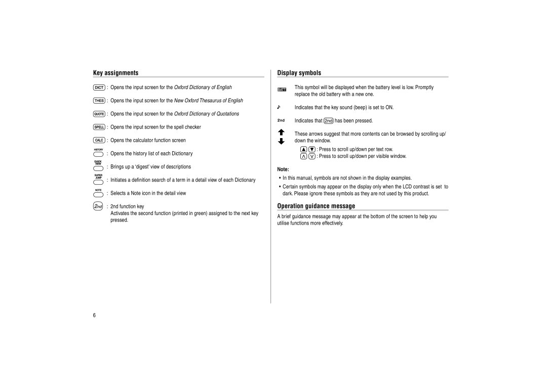 Sharp PW-E500 operation manual Key assignments, Display symbols, Operation guidance message 