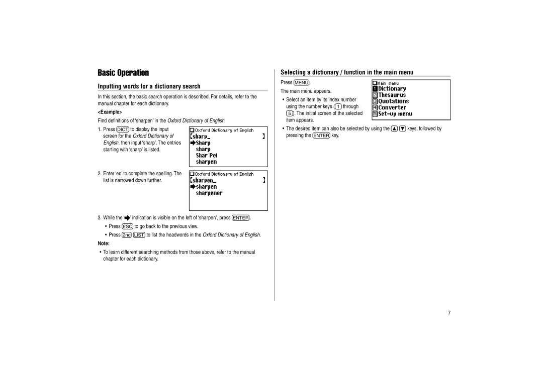 Sharp PW-E500 Basic Operation, Inputting words for a dictionary search, Selecting a dictionary / function in the main menu 