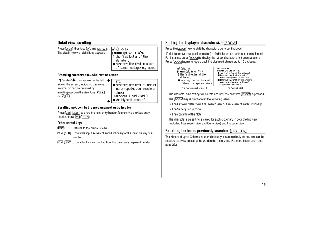 Sharp PW-E500A Detail view scrolling, Shifting the displayed character size z, Recalling the terms previously searched h 