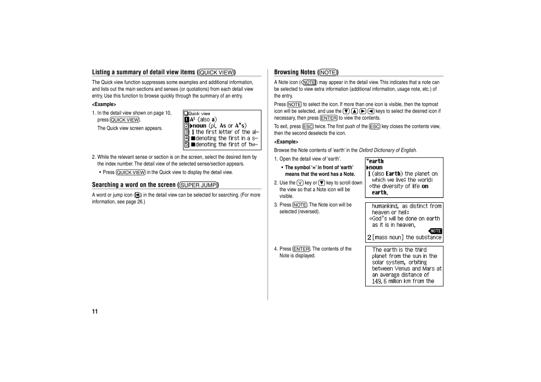 Sharp PW-E500A operation manual Listing a summary of detail view items q, Searching a word on the screen, Browsing Notes r 