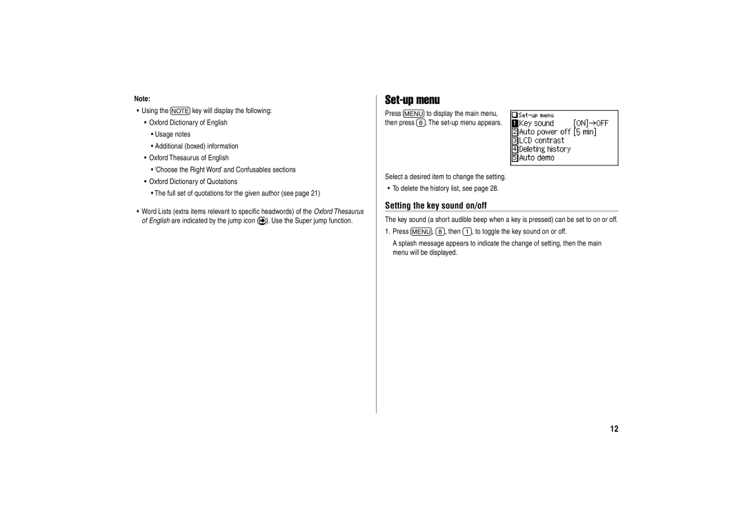 Sharp PW-E500A operation manual Set-up menu, Setting the key sound on/off 