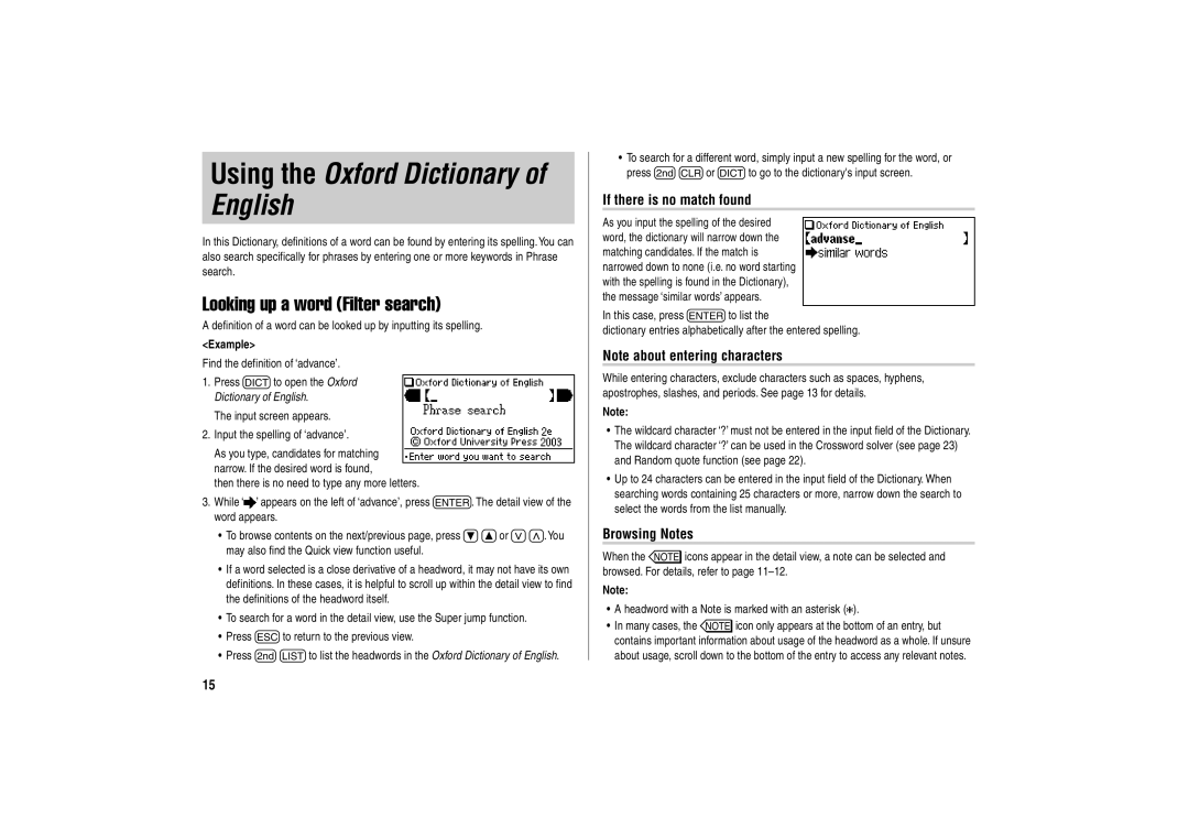 Sharp PW-E500A Using the Oxford Dictionary of English, Looking up a word Filter search, If there is no match found 