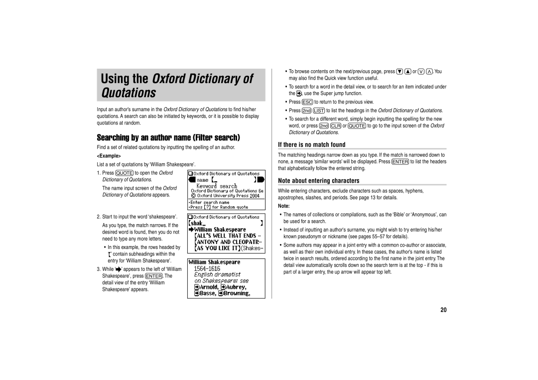 Sharp PW-E500A operation manual Using the Oxford Dictionary of Quotations, Searching by an author name Filter search 