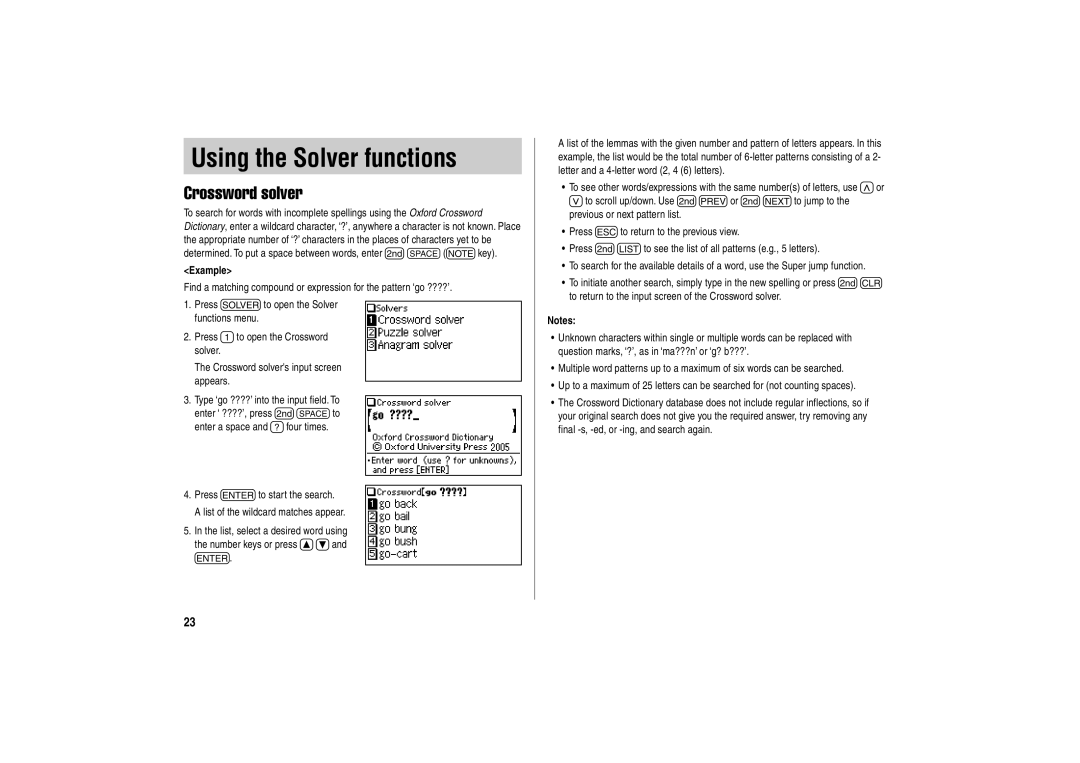 Sharp PW-E500A operation manual Using the Solver functions, Crossword solver 