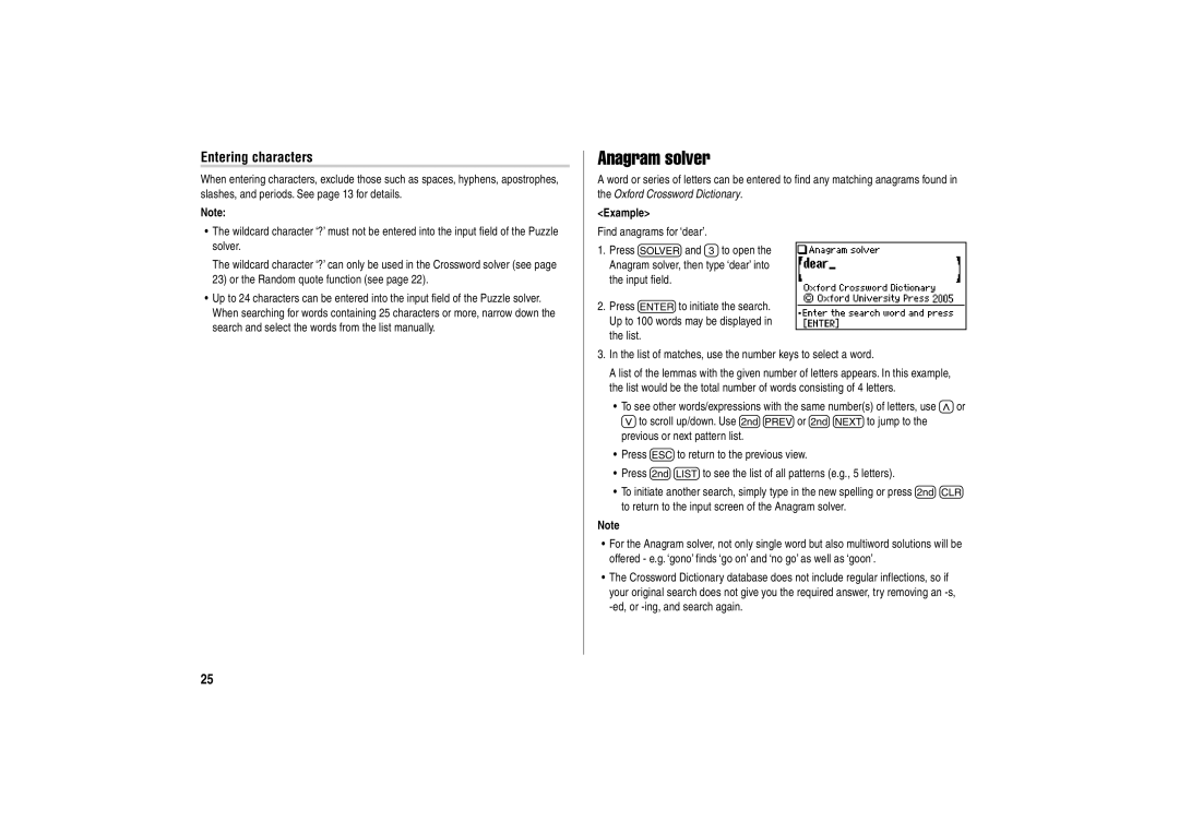 Sharp PW-E500A operation manual Anagram solver, Entering characters 