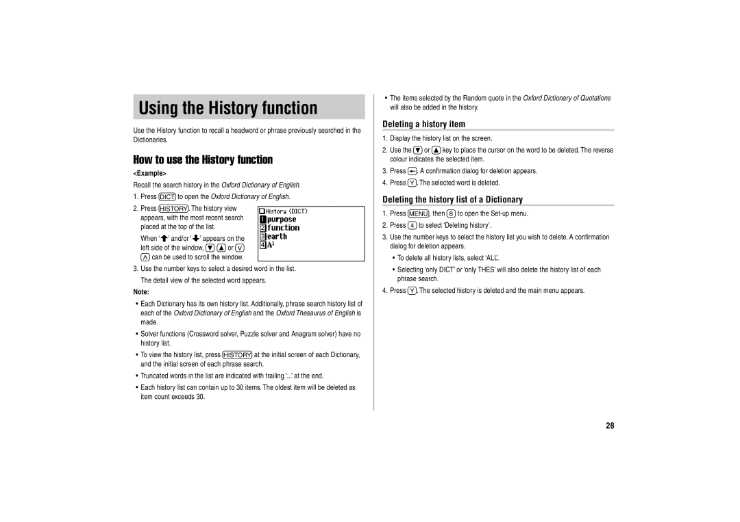 Sharp PW-E500A operation manual Using the History function, How to use the History function, Deleting a history item 