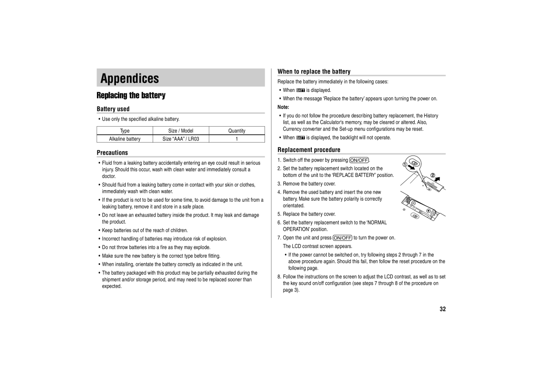 Sharp PW-E500A operation manual Appendices, Replacing the battery 