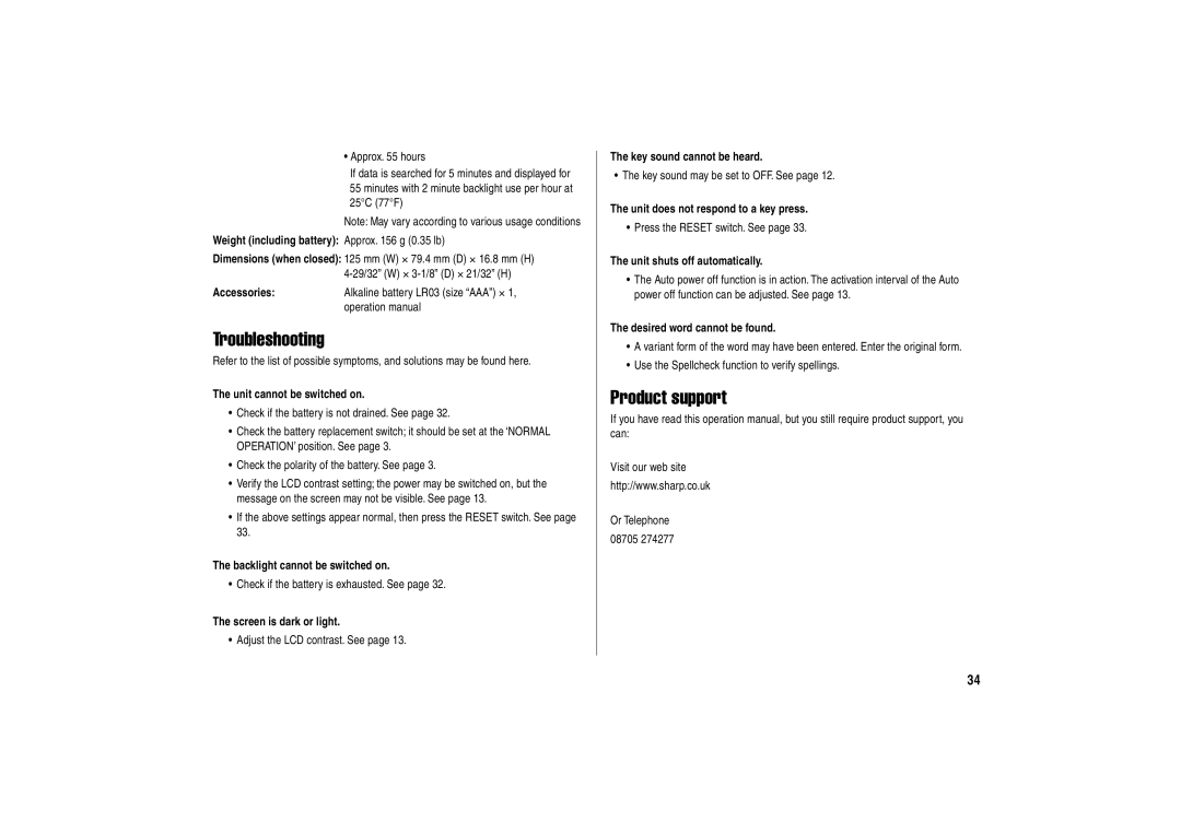 Sharp PW-E500A operation manual Troubleshooting, Product support 