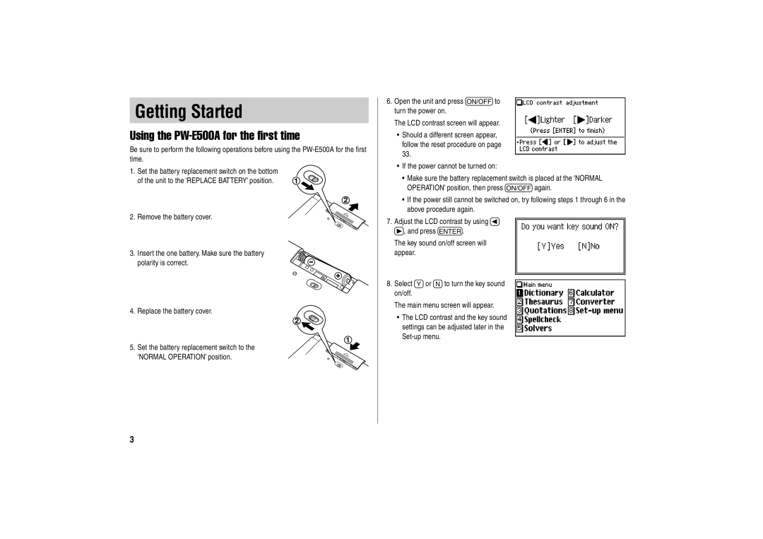 Sharp operation manual Getting Started, Using the PW-E500A for the first time 