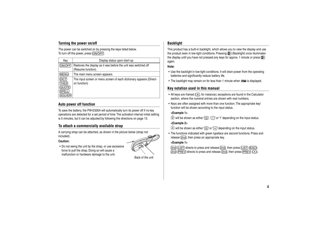 Sharp PW-E500A Turning the power on/off, Auto power off function, To attach a commercially available strap, Backlight 