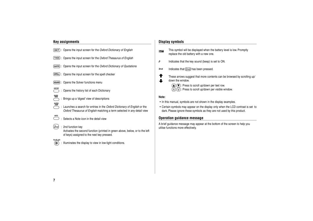 Sharp PW-E500A operation manual Key assignments, Display symbols, Operation guidance message 