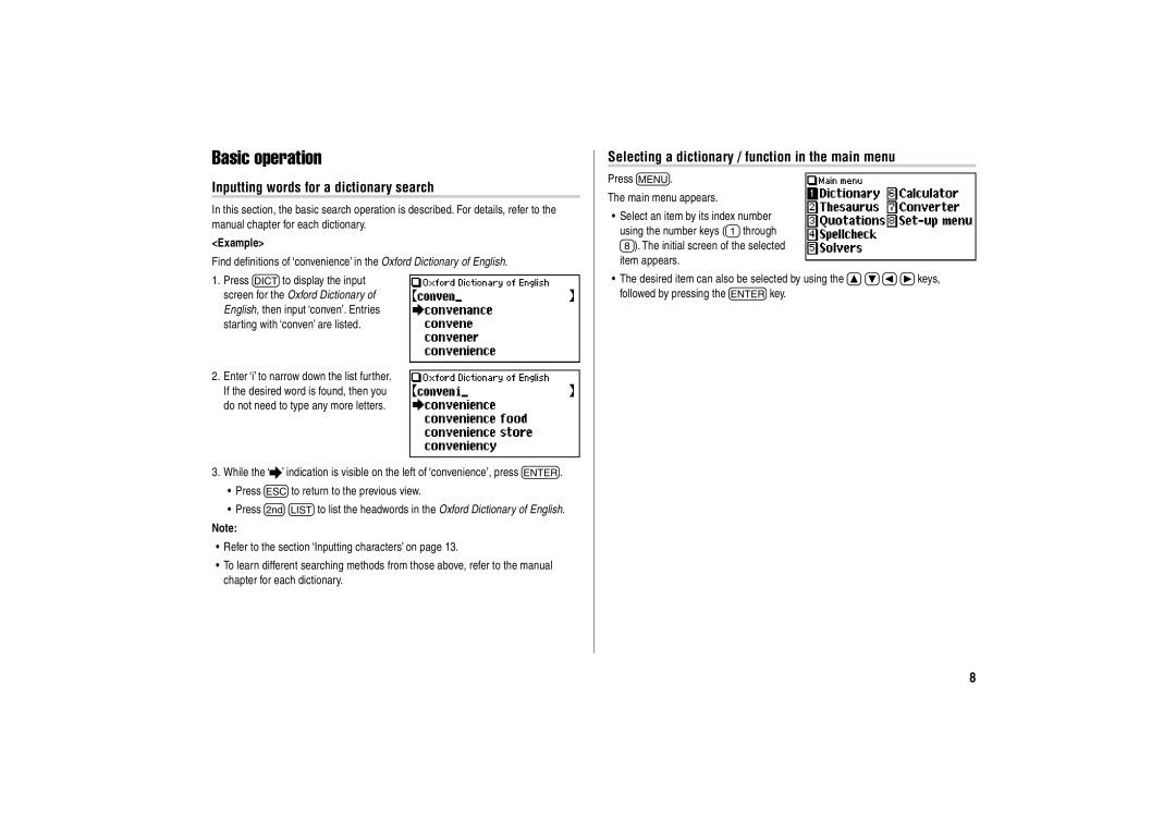 Sharp PW-E500A operation manual Basic operation, Inputting words for a dictionary search 