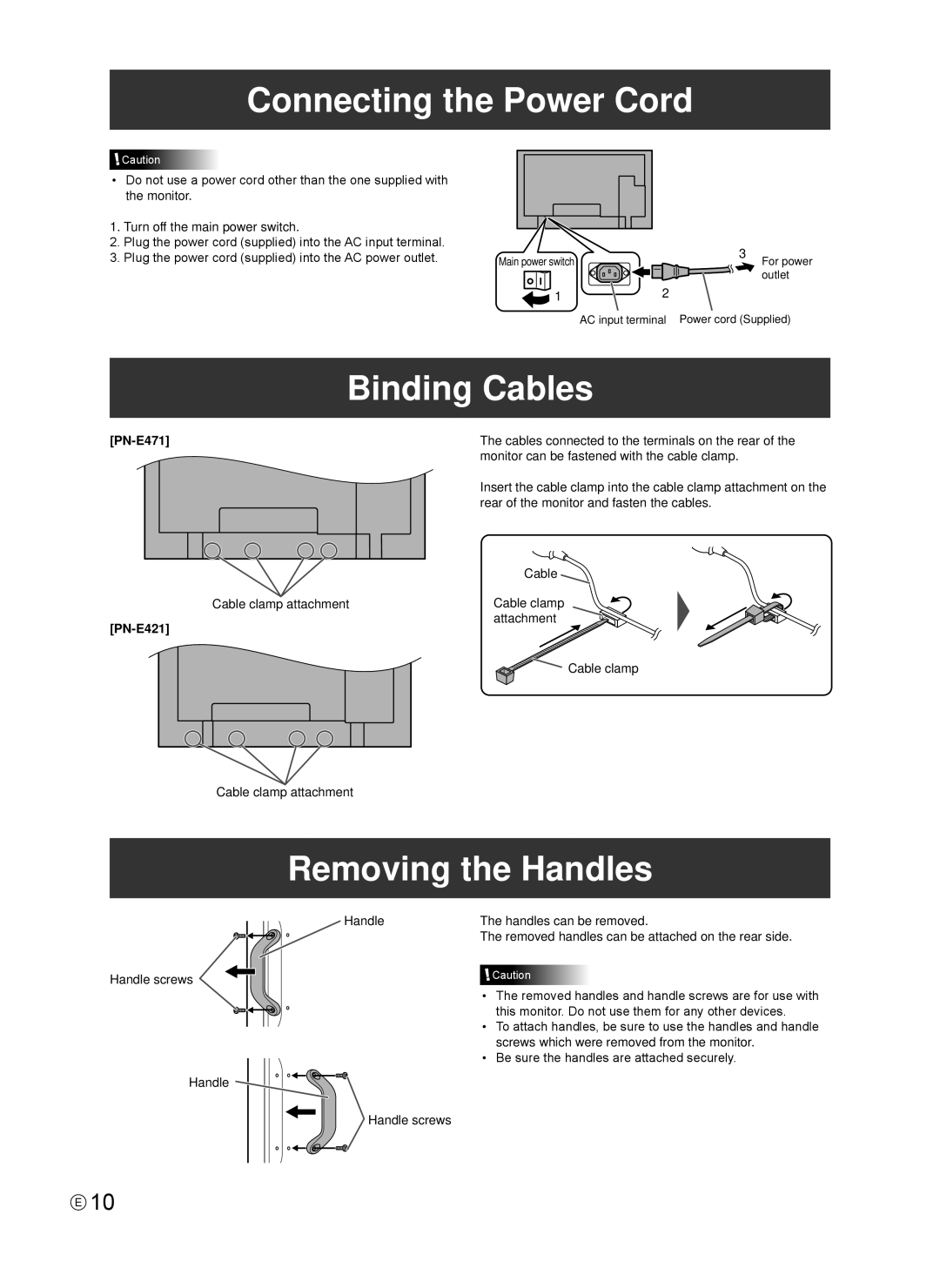 Sharp Q41G42M18434B, 0NY42M184304B(1) Connecting the Power Cord, Binding Cables, Removing the Handles, PN-E471, PN-E421 