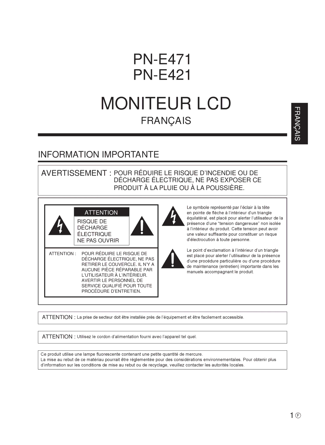 Sharp 0NY42M184304B(1), Q41G42M18434B operation manual Moniteur LCD, Information Importante 