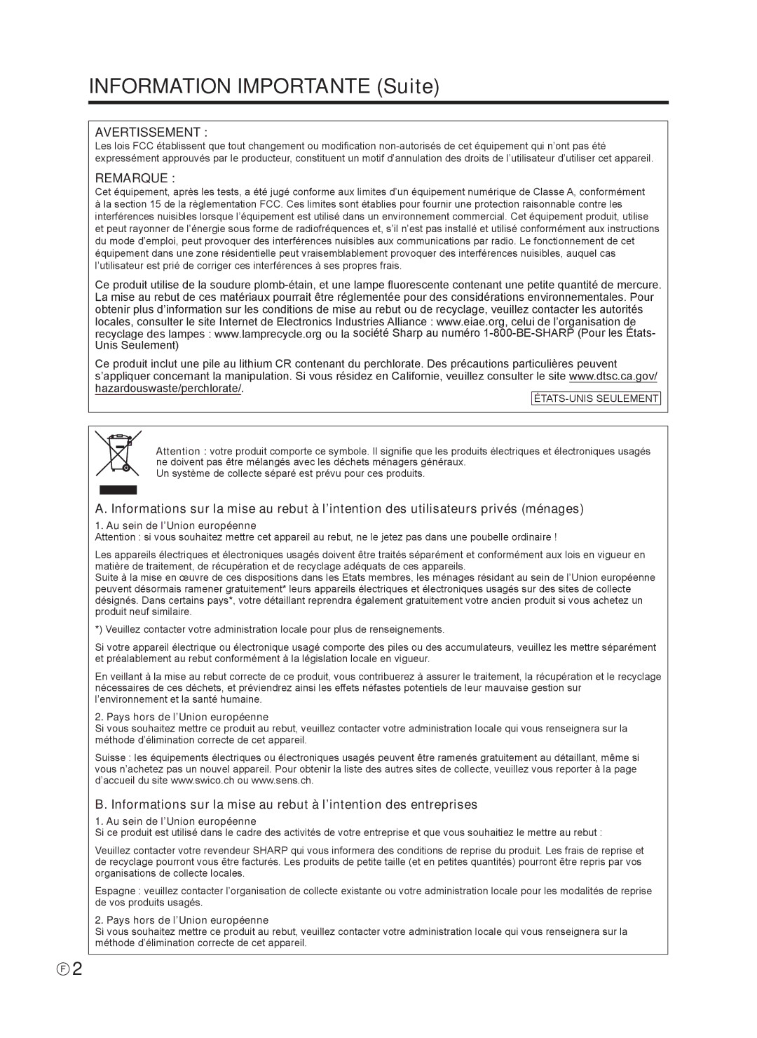 Sharp Q41G42M18434B Information Importante Suite, Au sein de l’Union européenne, Pays hors de l’Union européenne 