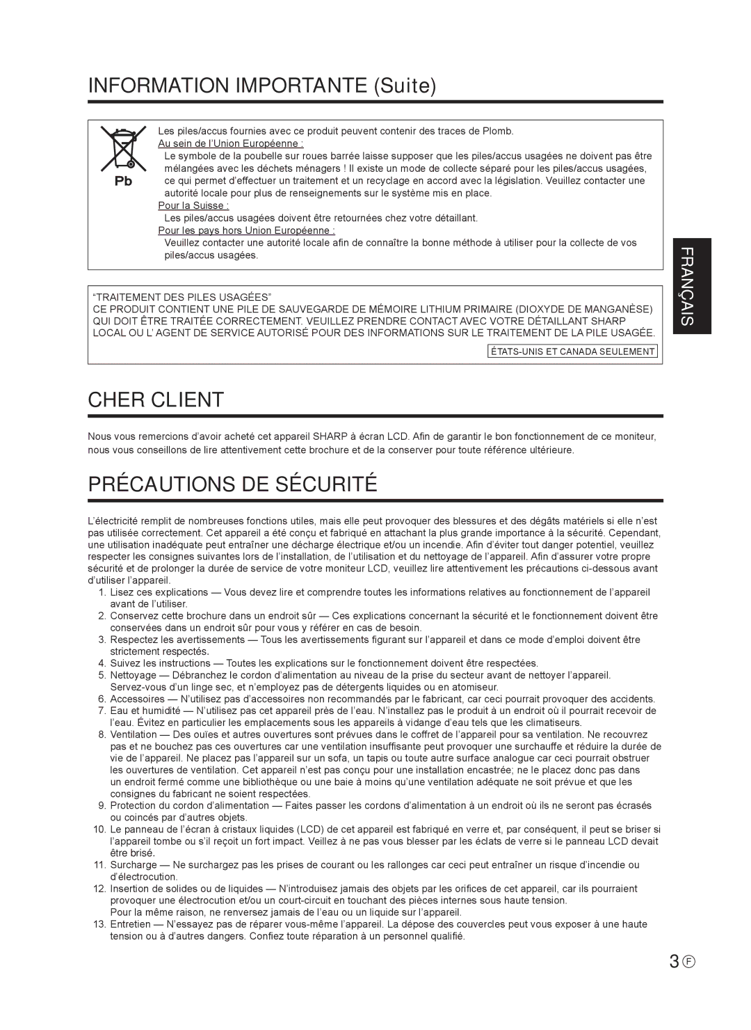 Sharp 0NY42M184304B(1), Q41G42M18434B operation manual Cher Client, Précautions DE Sécurité 