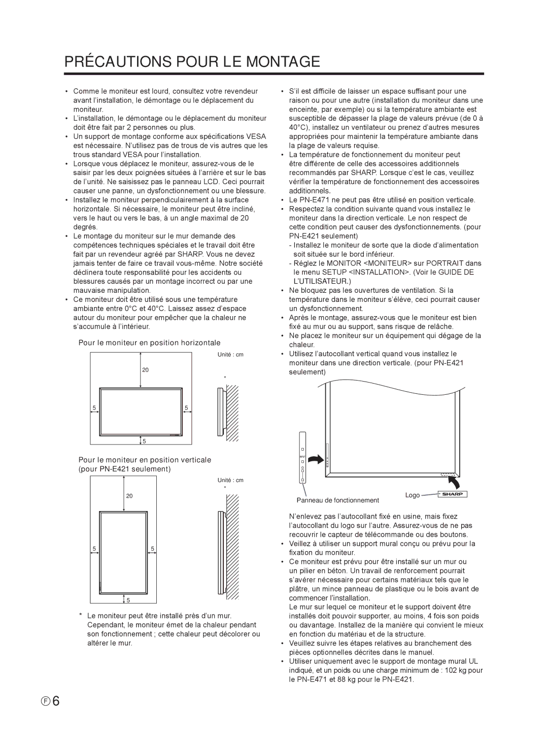 Sharp Q41G42M18434B, 0NY42M184304B(1) operation manual Précautions Pour LE Montage, Pour le moniteur en position horizontale 