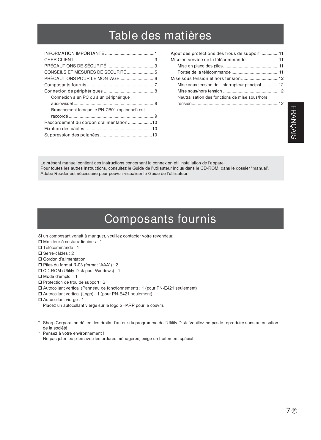 Sharp 0NY42M184304B(1), Q41G42M18434B operation manual Table des matières, Composants fournis 