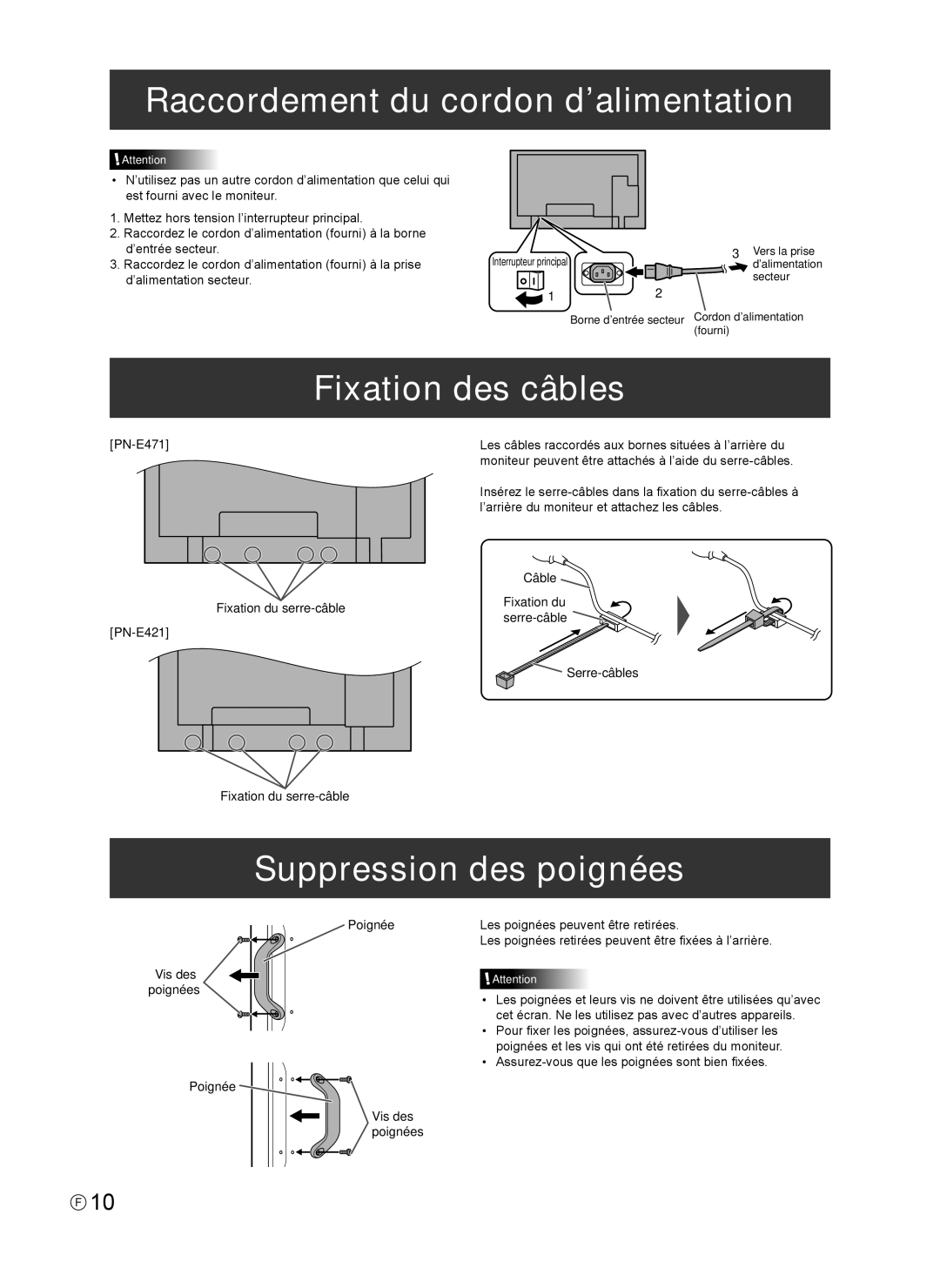 Sharp Q41G42M18434B, 0NY42M184304B(1) Raccordement du cordon d’alimentation, Fixation des câbles, Suppression des poignées 