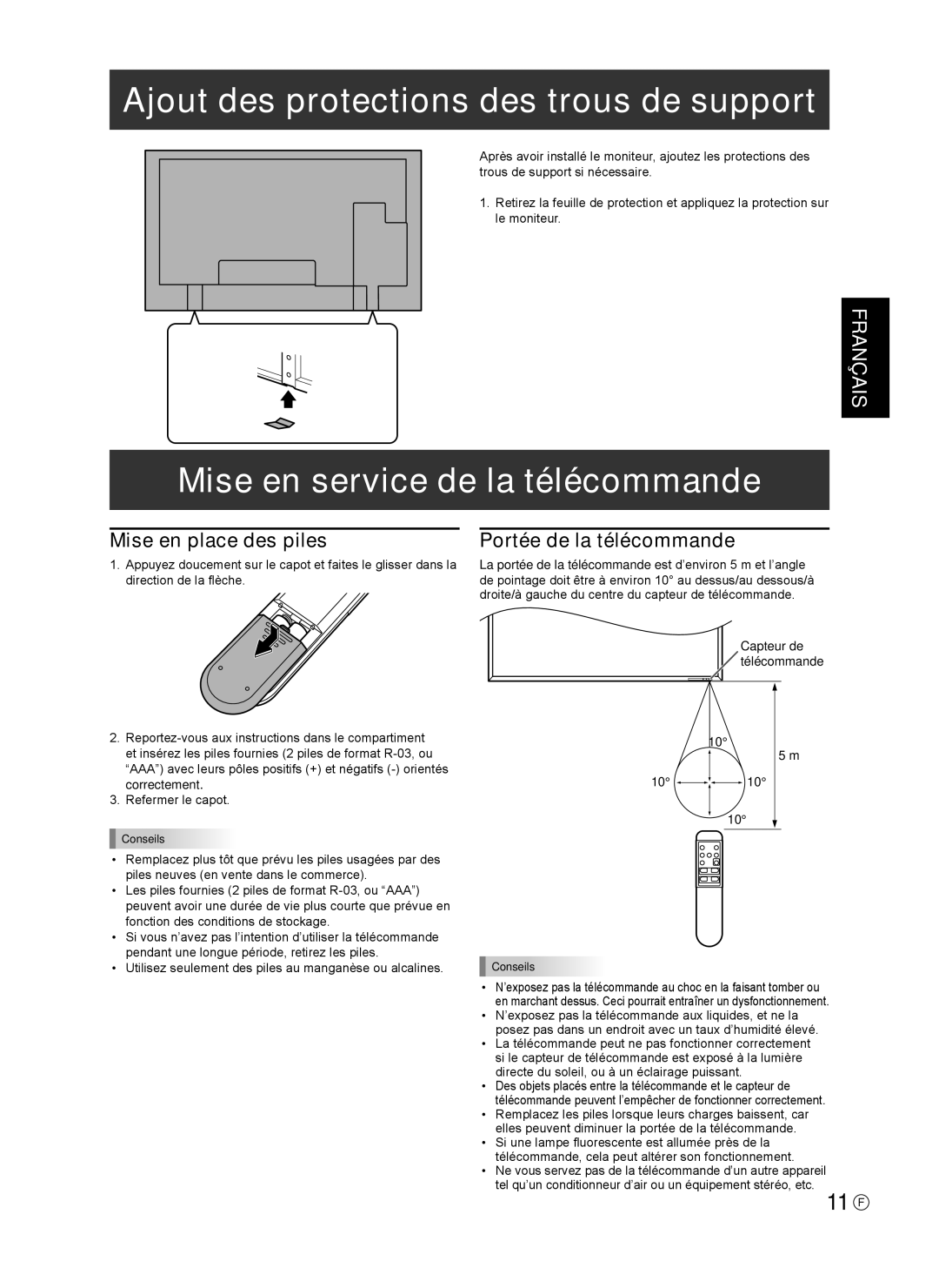 Sharp 0NY42M184304B(1), Q41G42M18434B Ajout des protections des trous de support, Mise en service de la télécommande 