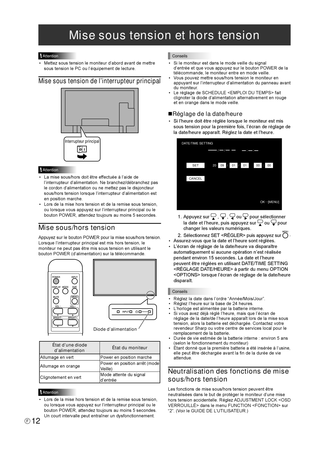 Sharp Q41G42M18434B, 0NY42M184304B(1) Mise sous tension et hors tension, Mise sous/hors tension, NRéglage de la date/heure 