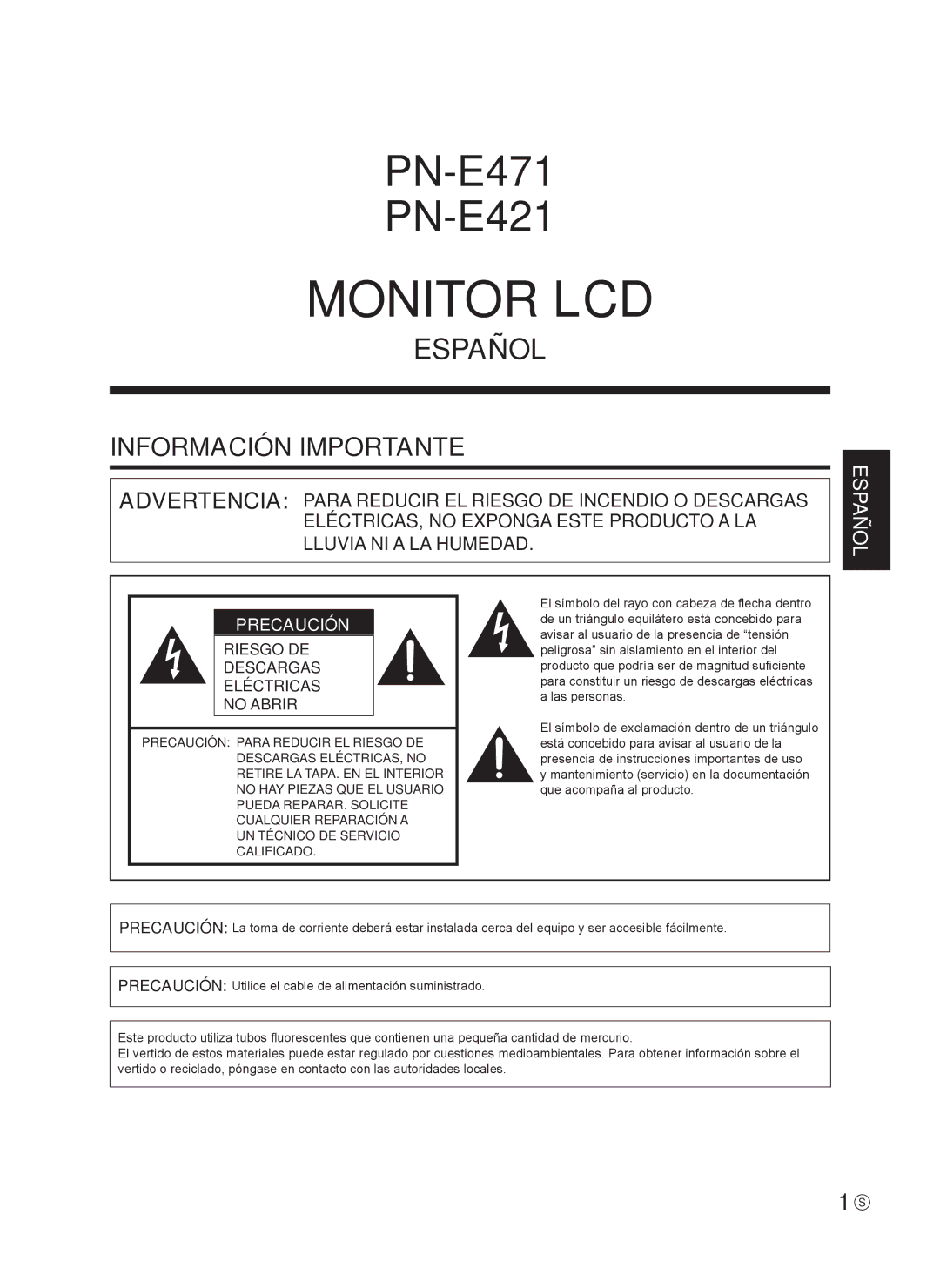 Sharp 0NY42M184304B(1), Q41G42M18434B operation manual Monitor LCD, Información Importante 