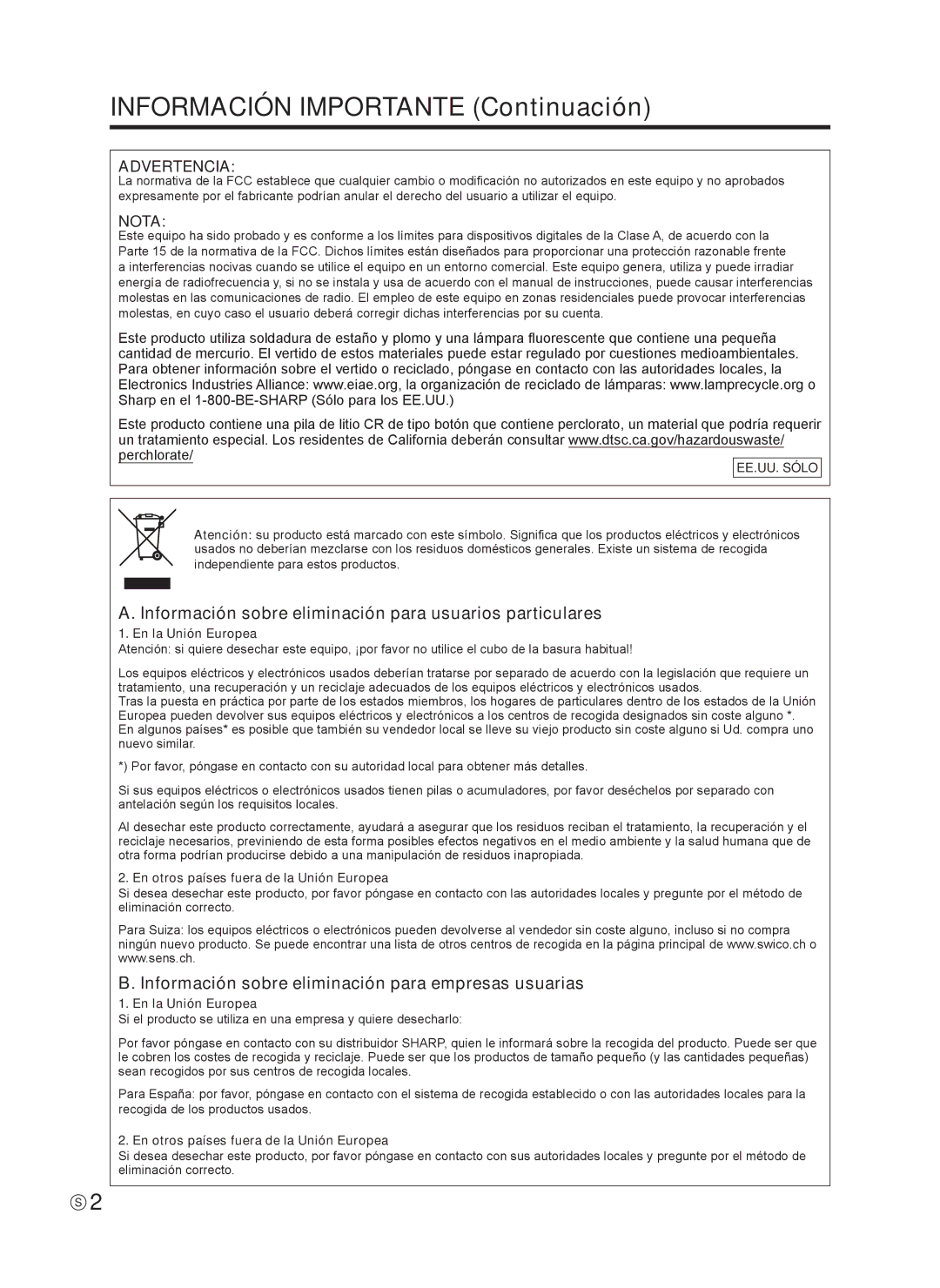 Sharp Q41G42M18434B Información Importante Continuación, Información sobre eliminación para usuarios particulares 