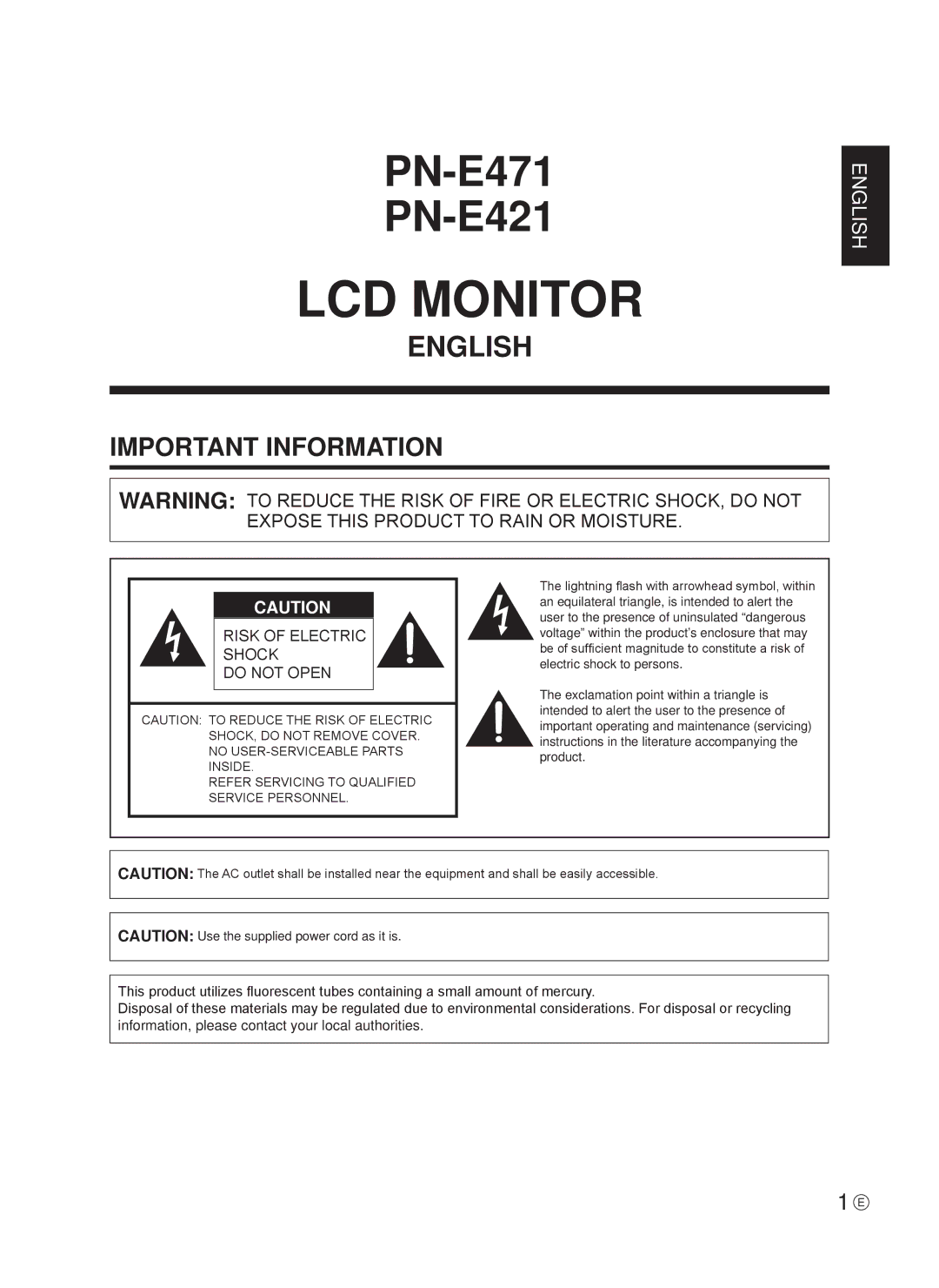 Sharp 0NY42M184304B(1), Q41G42M18434B operation manual LCD Monitor, Important Information 