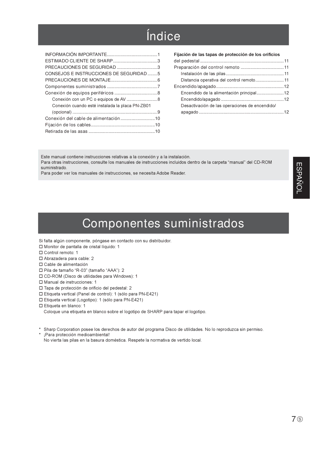 Sharp 0NY42M184304B(1), Q41G42M18434B operation manual Índice, Componentes suministrados 