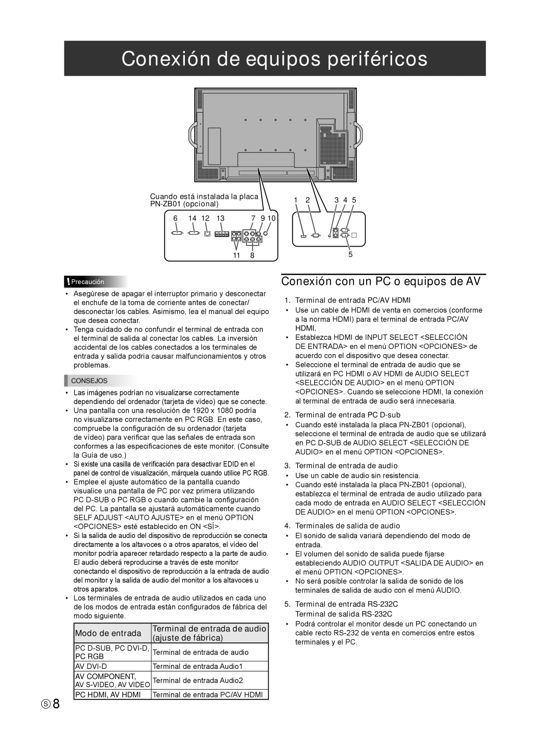 Sharp Q41G42M18434B, 0NY42M184304B(1) operation manual Conexión de equipos periféricos, Conexión con un PC o equipos de AV 