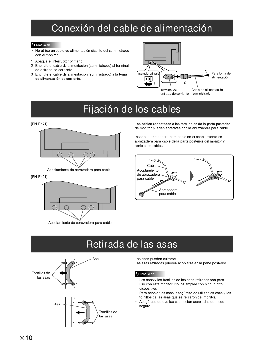 Sharp Q41G42M18434B, 0NY42M184304B(1) Conexión del cable de alimentación, Fijación de los cables, Retirada de las asas 