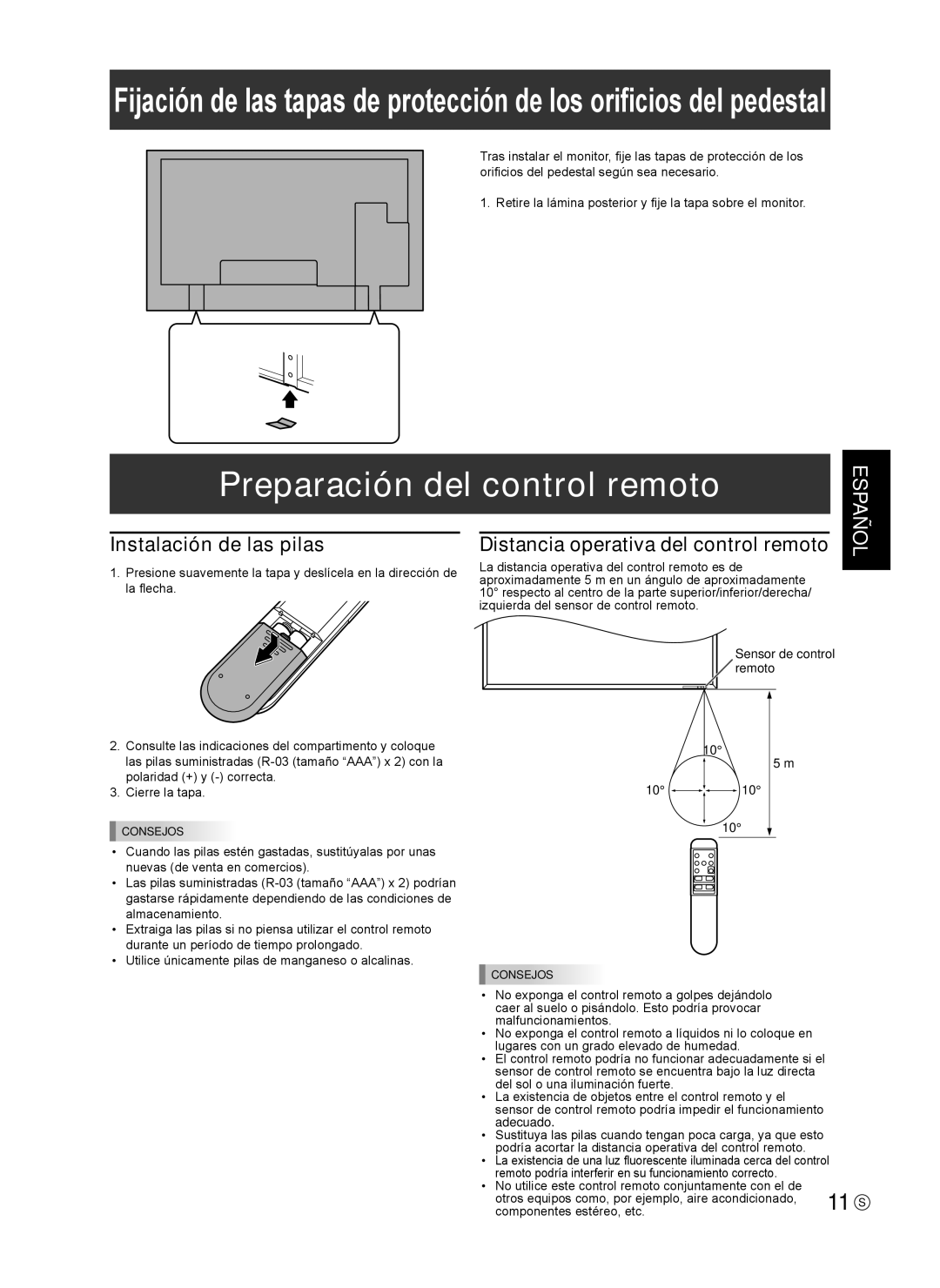 Sharp 0NY42M184304B(1) Preparación del control remoto, Instalación de las pilas, Distancia operativa del control remoto 