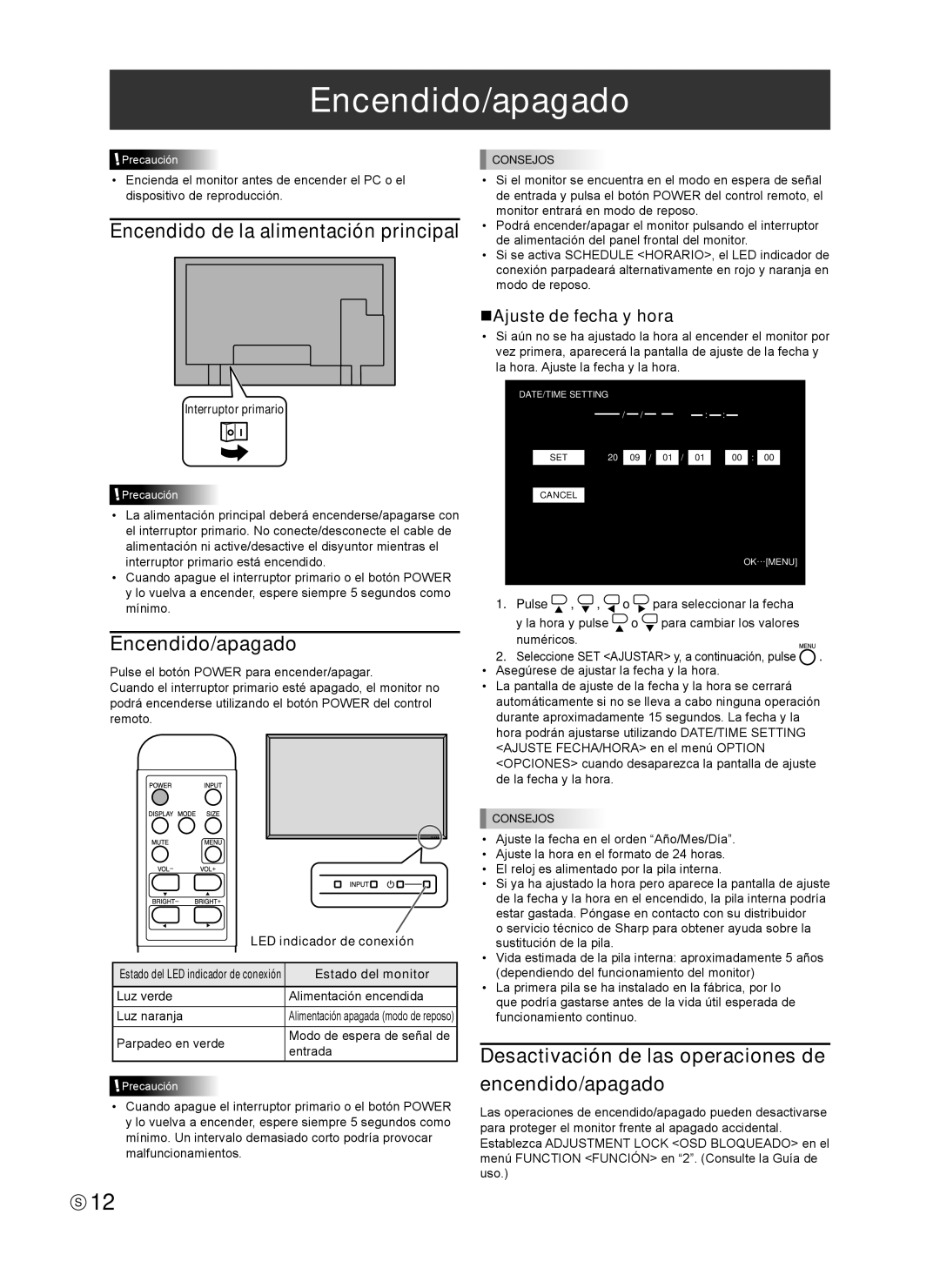 Sharp Q41G42M18434B Encendido/apagado, Desactivación de las operaciones de encendido/apagado, NAjuste de fecha y hora 