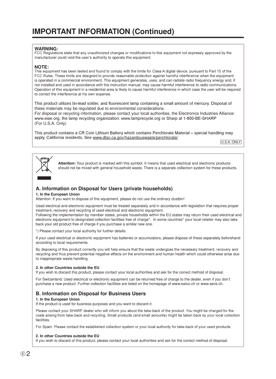 Sharp Q41G42M18434B Important Information, Information on Disposal for Users private households, European Union 