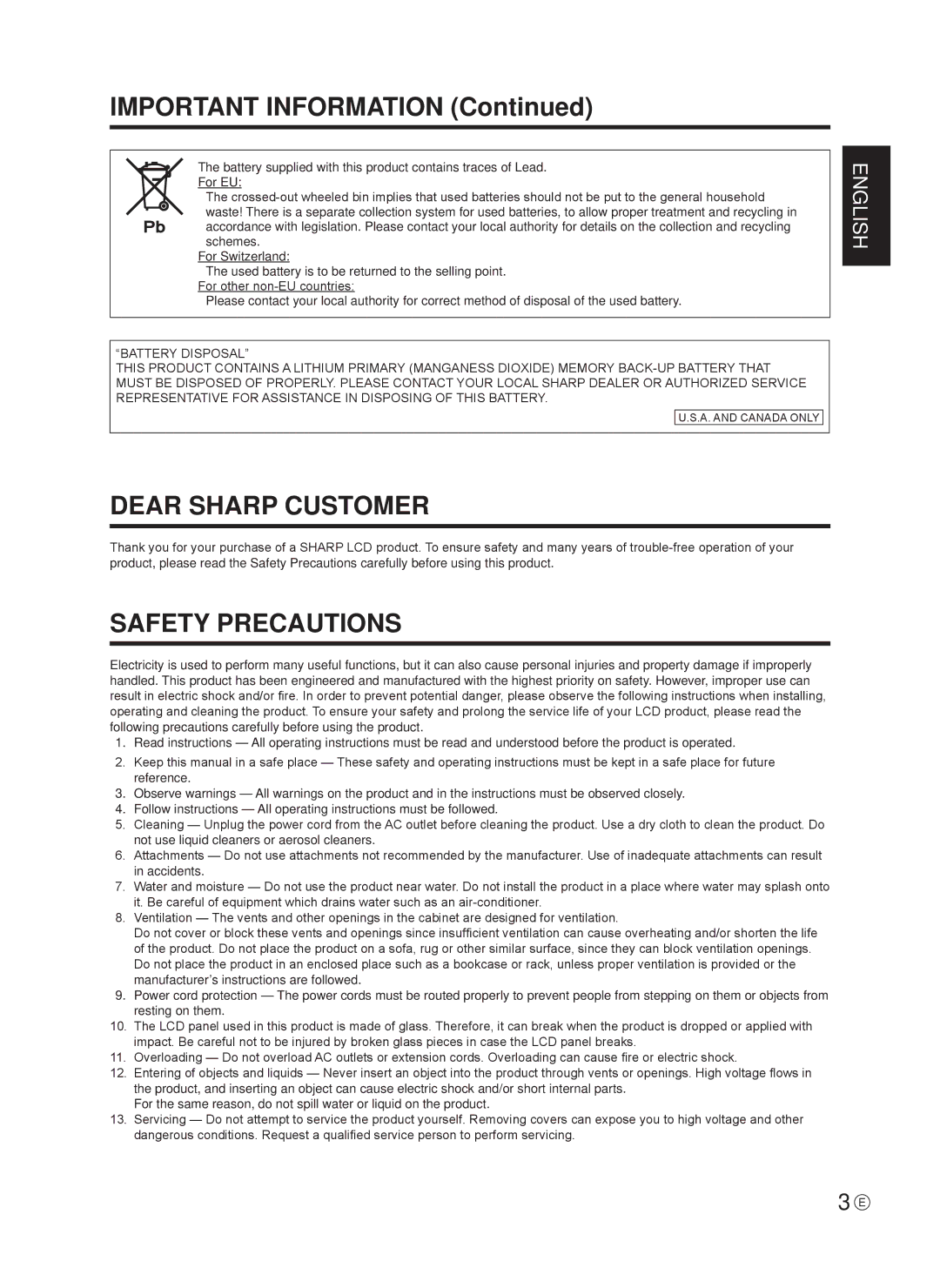 Sharp 0NY42M184304B(1), Q41G42M18434B operation manual Dear Sharp Customer, Safety Precautions 