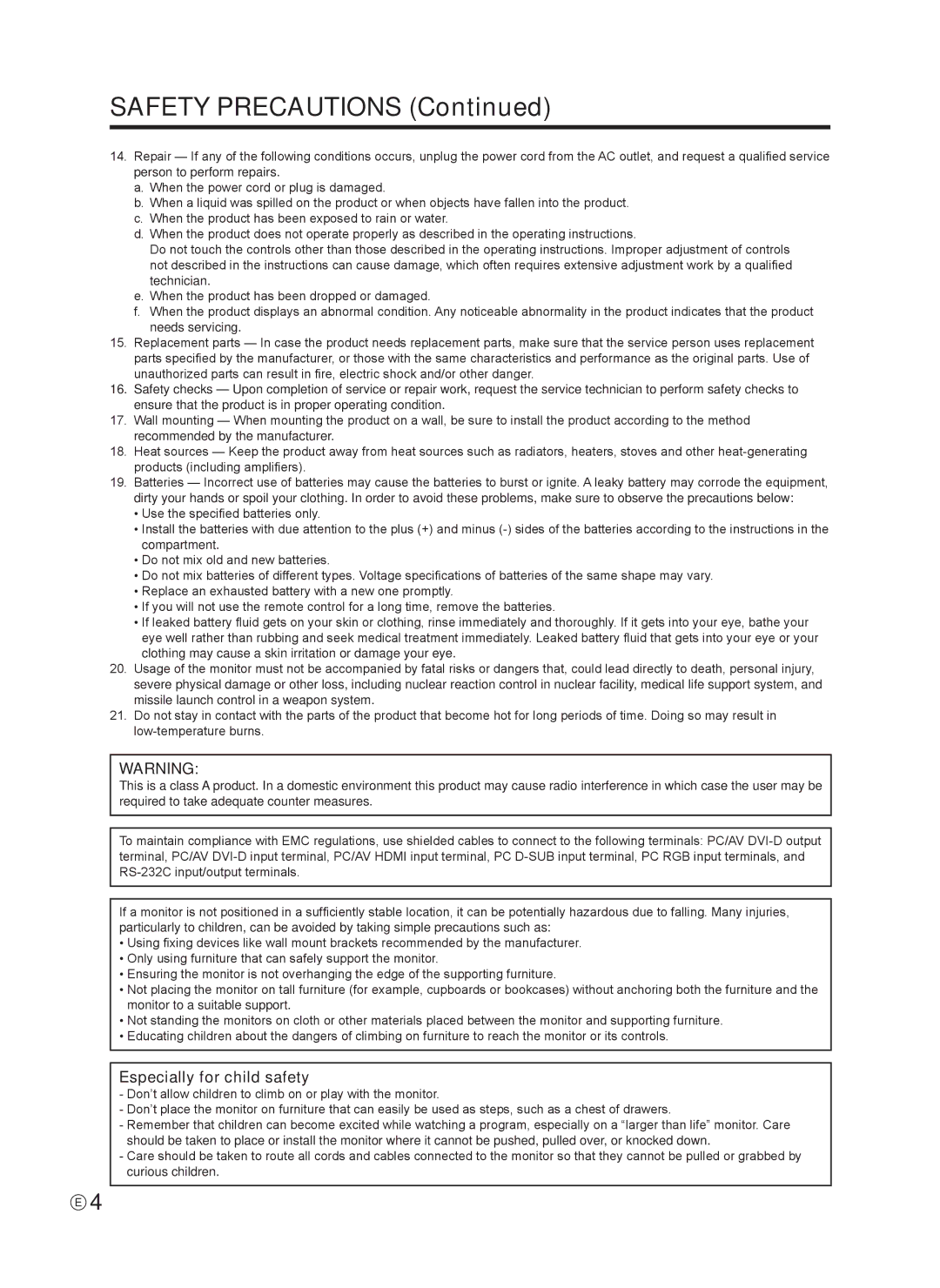 Sharp Q41G42M18434B, 0NY42M184304B(1) operation manual Safety Precautions, Especially for child safety 