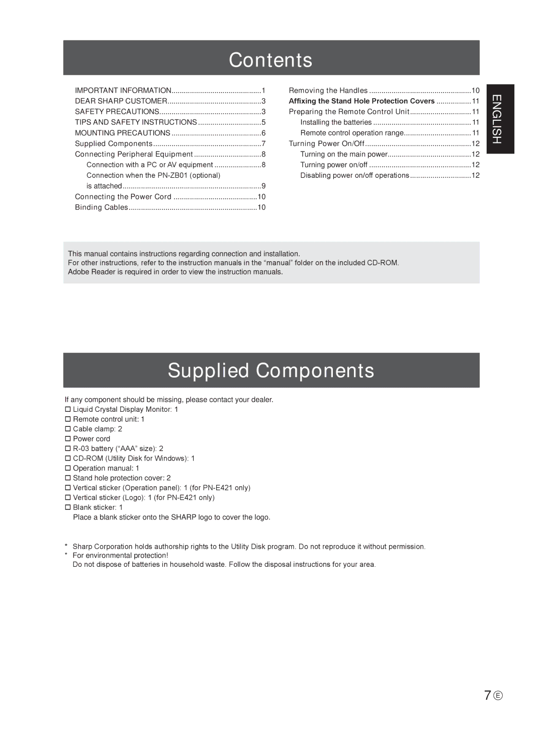 Sharp 0NY42M184304B(1), Q41G42M18434B operation manual Contents, Supplied Components 