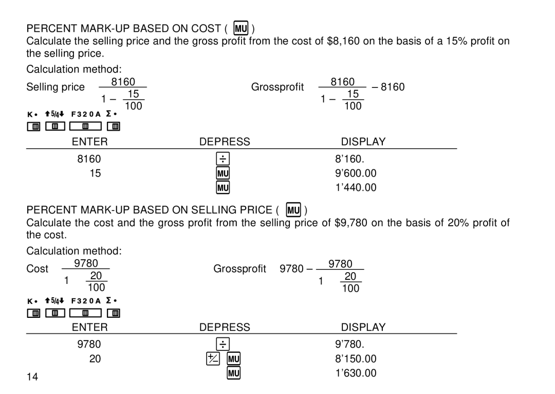 Sharp QS-2130 operation manual Percent MARK-UP Based on Cost, Percent MARK-UP Based on Selling Price 